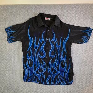 Y2K Flame Button Up Shirt Black Blue Fire Graphic Short Sleeve Men's